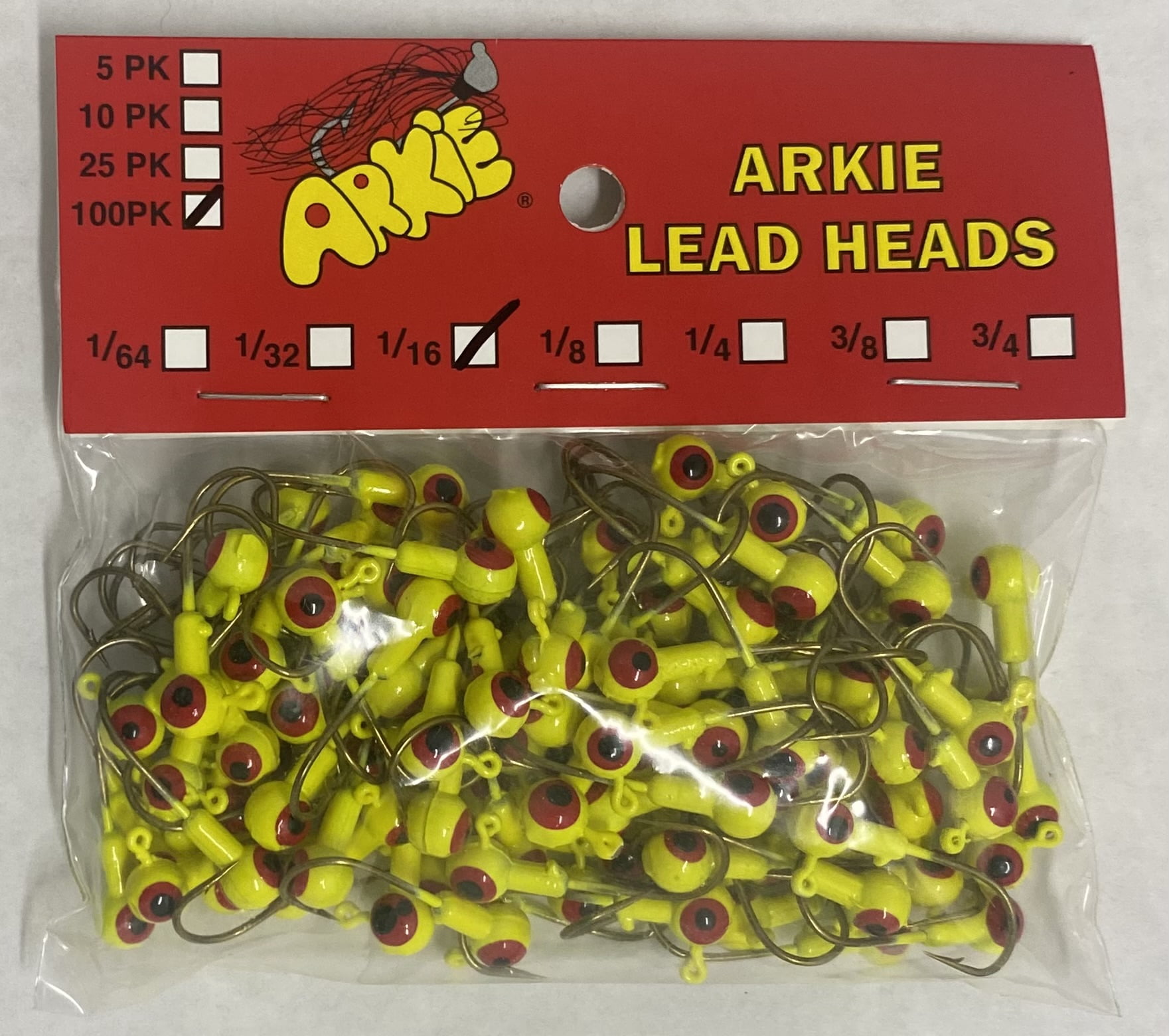 Arkie Lures Double Eye Painted Jig Heads, 1/16 oz, #3 Chartreuse, 100 Pack Fishing Lures