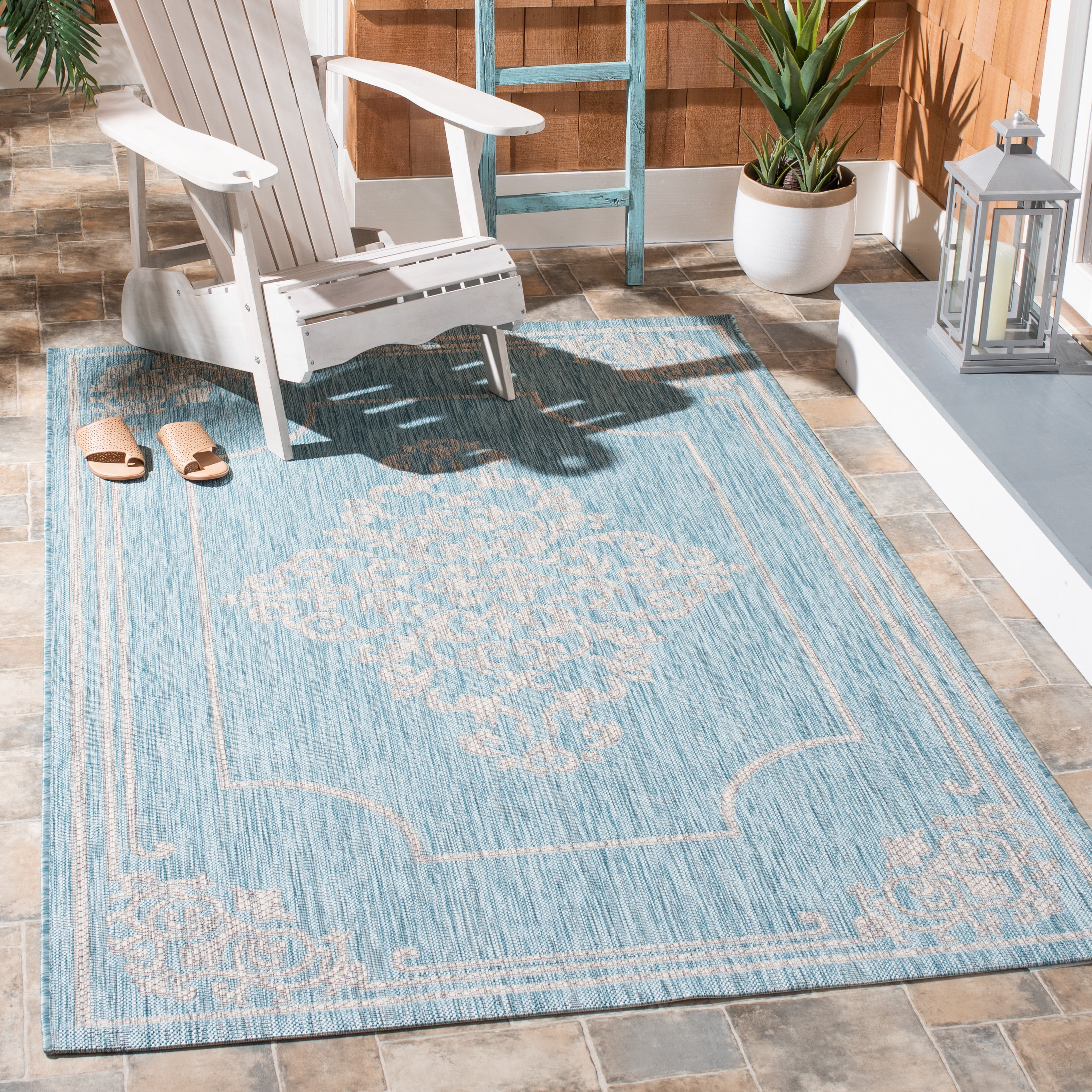 SAFAVIEH Courtyard Lula Traditional Indoor/Outdoor Area Rug, 8' x 11', Aqua/Grey
