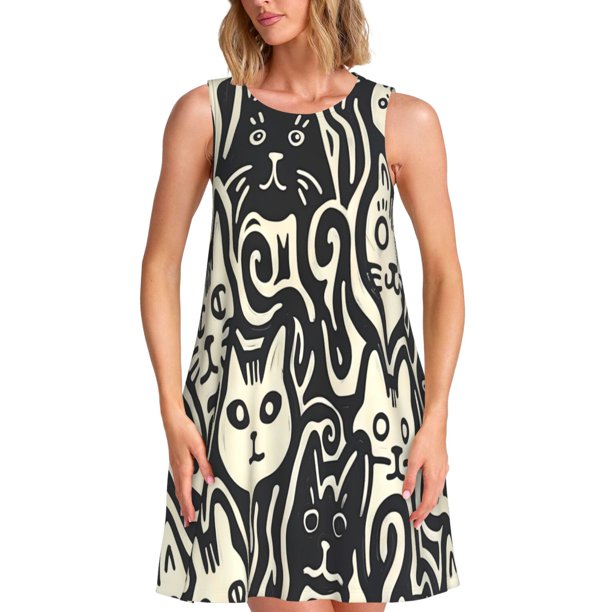 Fotbe Abstract Cat Faces Pattern Vestido de Verano sin Mangas para Mujer – Vestido Midi Línea A, Estilo Camiseta Floral, Vestido Playero Casual y Fluido