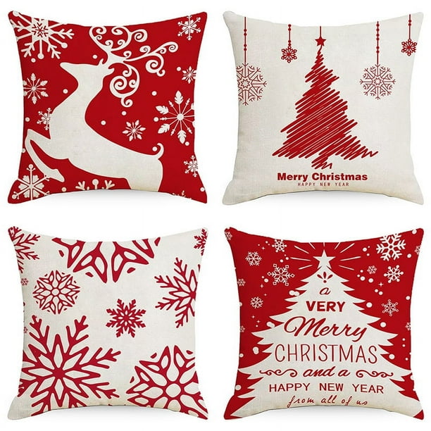 Juego de 4 fundas de almohada navideñas blancas y rojas de 18 x 18, funda de almohada decorativa de 18 pulgadas con copos de nieve de invierno, funda de cojín navideña