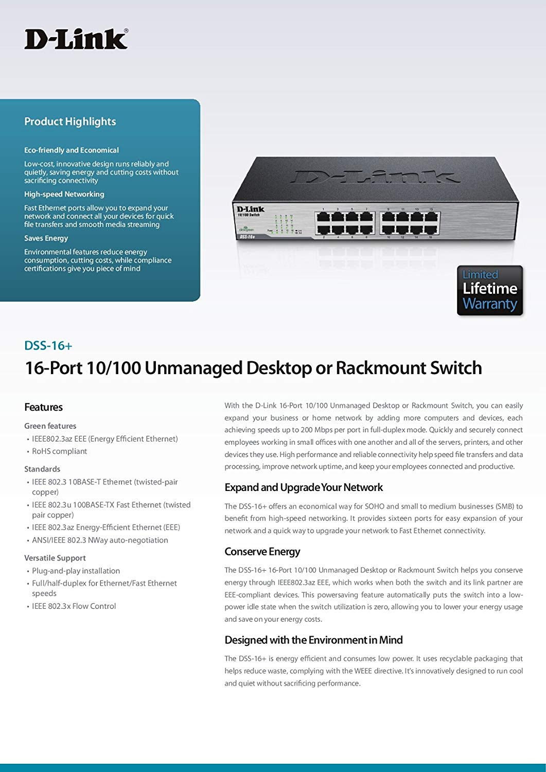 D-Link 16-Port 10/100 Unmanaged Ethernet Desktop Switch, Desktop/Rack Mountable (DSS-16+) - image 4 of 6