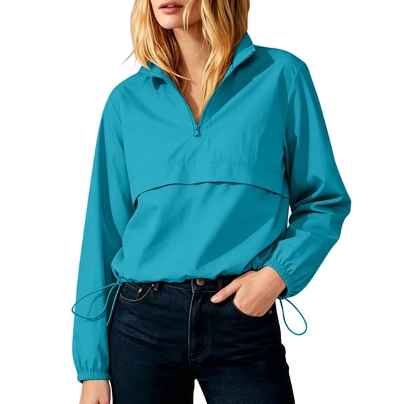 Mittory Women's Half Zip Windbreaker Pullover Jacket, Long Sleeve Drawstring Hem Casual Outerwear