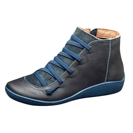 

Winter Savings Clearance Deals 2022! Hvyes Women s Casual Flat Leather Retro Lace-up Boots Side Zipper Round Toe Shoe Boots