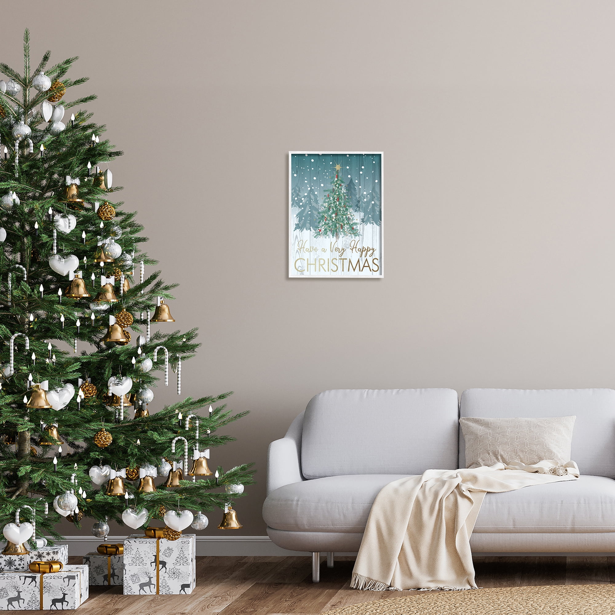 Happy Christmas Glam Detail Text Rustic Fir Tree Botanical & Floral Graphic Art Framed Art Print Wall Art