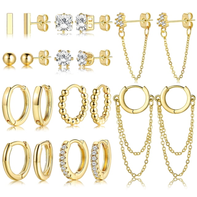 Set de Aros Pequeños y Pendientes de Botón Chapados en Oro 14K