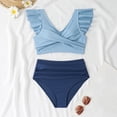 thumbnail image 6 of Women's Pleated Slim Fit V-Neck Color Block Ruffled Two-Piece Swimsuit Sky Blue L, 6 of 8