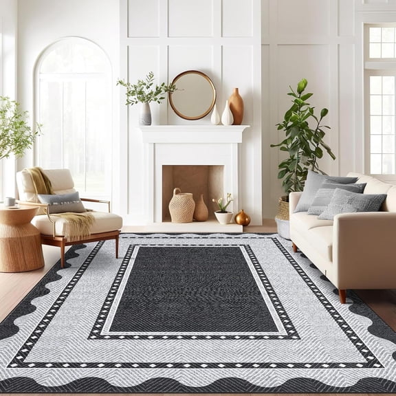 9x12 Washable Area Rug, Non-Slip Low Pile for Living Room, Modern Geometric Border, Black Grey