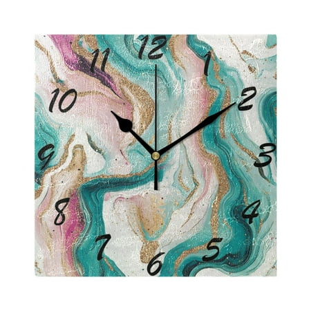 Square Wall Clock Silent Non-Ticking Battery Operated Retro 7.78 Clock for Bedroom Living Room Decor Teal Swirling Marble Pattern
