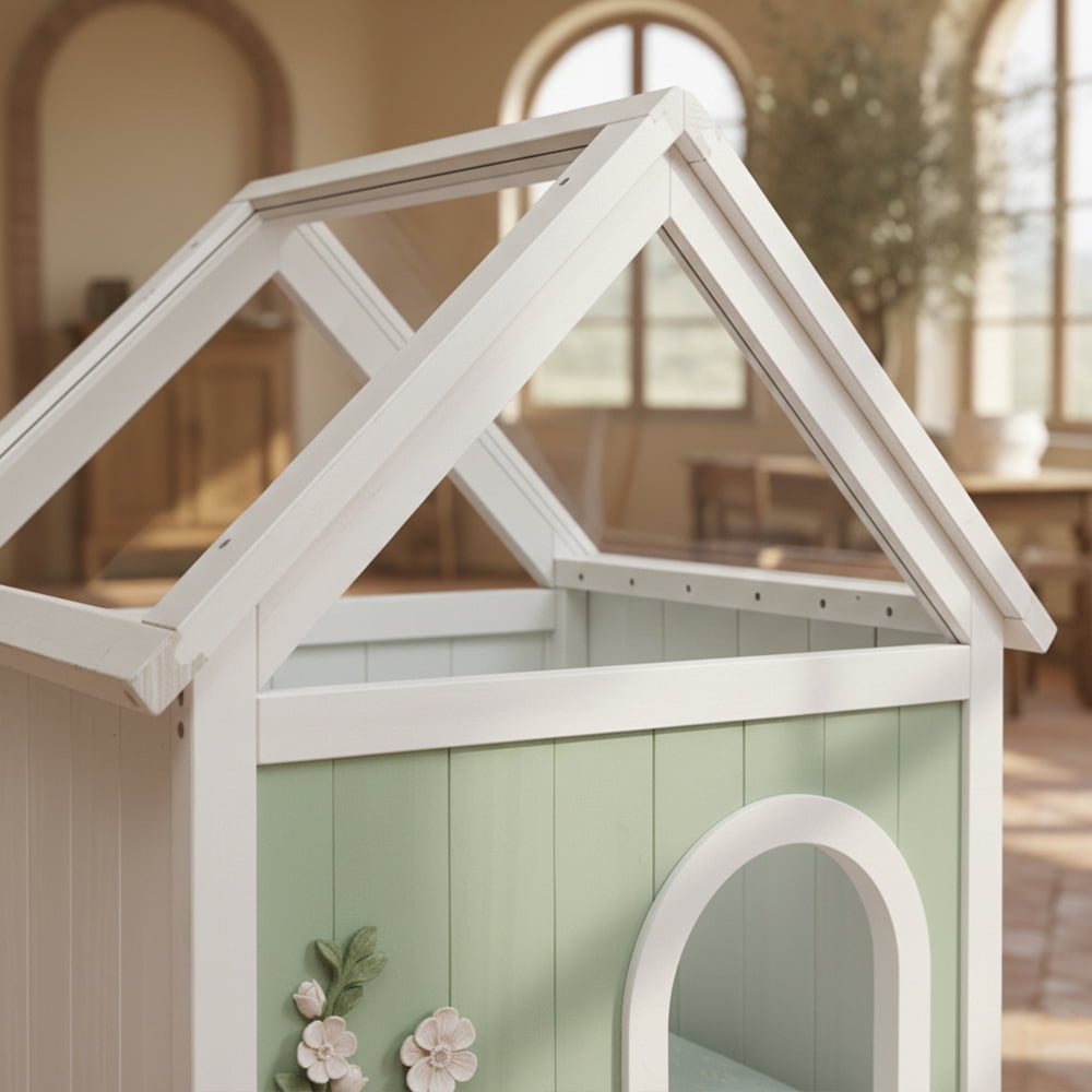 FSC Cedar Cat House with Clear Acrylic Roof and Cushion, Wooden Indoor Cat Shelter Den Furniture for Small Cats and Dogs, Modern Hand-Carved Design, Mint White