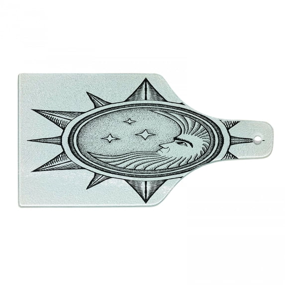 Occult Cutting Board, Moon Inside the Sun with Stars Alchemy Clandestine Esoteric Solar Crescent Art, Decorative Tempered Glass Cutting and Serving Board, Wine Bottle Shape, Black Grey, by Ambesonne