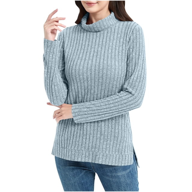 Lenpel Women's Turtleneck Sweaters Lightweight Long Sleeve Side Split High Low Hem Ribbed Knit Pullover Sweaters Soft Tunic Tops(Light Blue,Large)