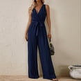thumbnail image 2 of Women's Formal Jumpsuits, Belted Wide Leg Jumpsuit, Summer Sleeveless Wrap V-Neck Long Romper Beach Vacation One-Piece Summer Outfits Fashion Overalls New Navy S, 2 of 5
