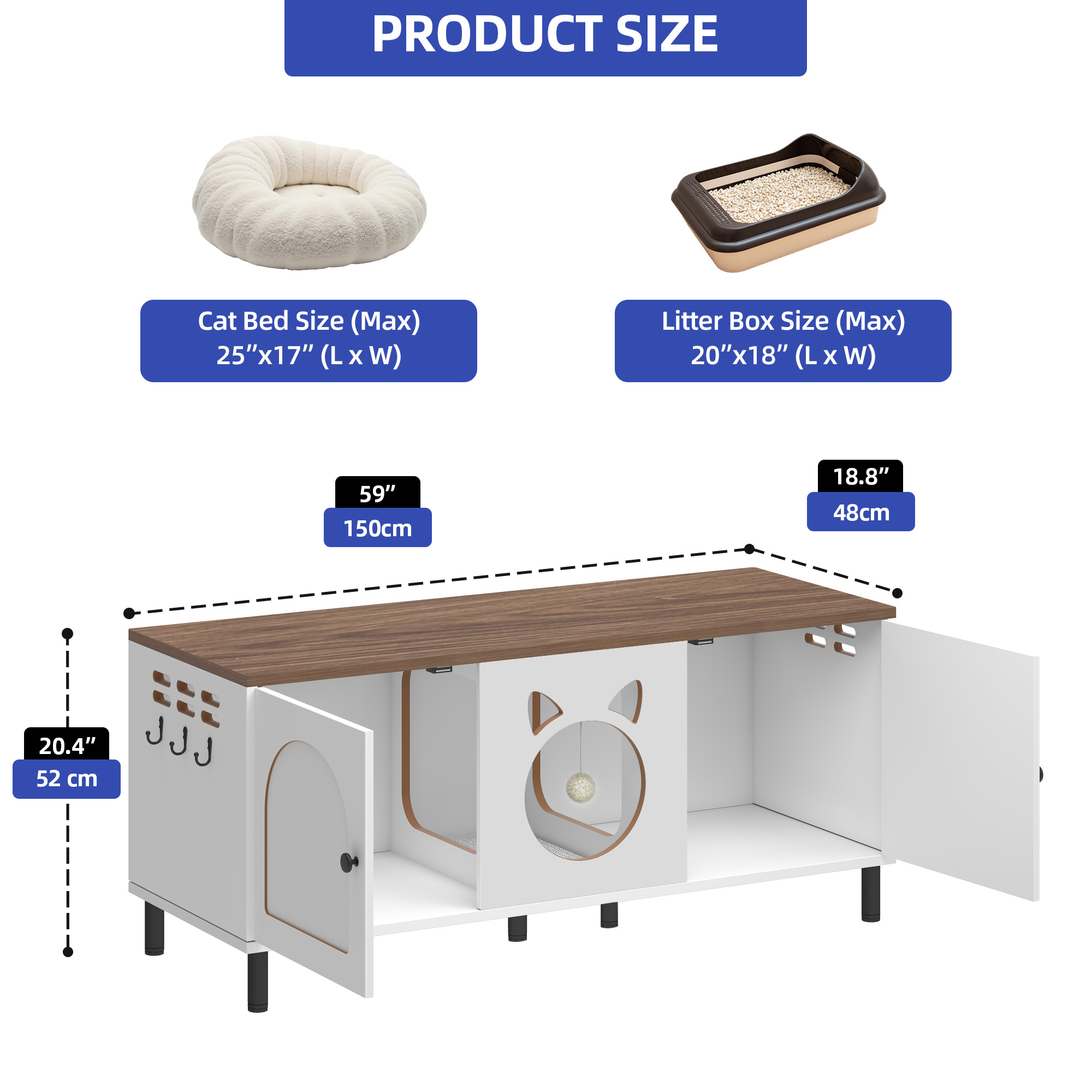 ModFusion 59" Modern Cat Litter Box Enclosure TV Stand – Multi-Functional Cat Furniture with Hidden Litter Box, Storage Hooks & Pet Bed, White & Walnut