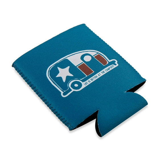 Camco Life is Better at the Campsite Can Sleeve - Keeps Your Beverage Cold - Fits 12 oz. cans - Features a Texas Flag Mini Camper Design 53372
