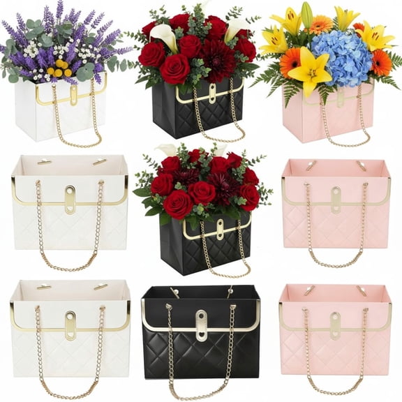6 PCS Floral Bouquet Gift Boxes, Quilted Paper Flower Bags with Metal Chain Handles for Weddings, Mother’s Day & Birthdays