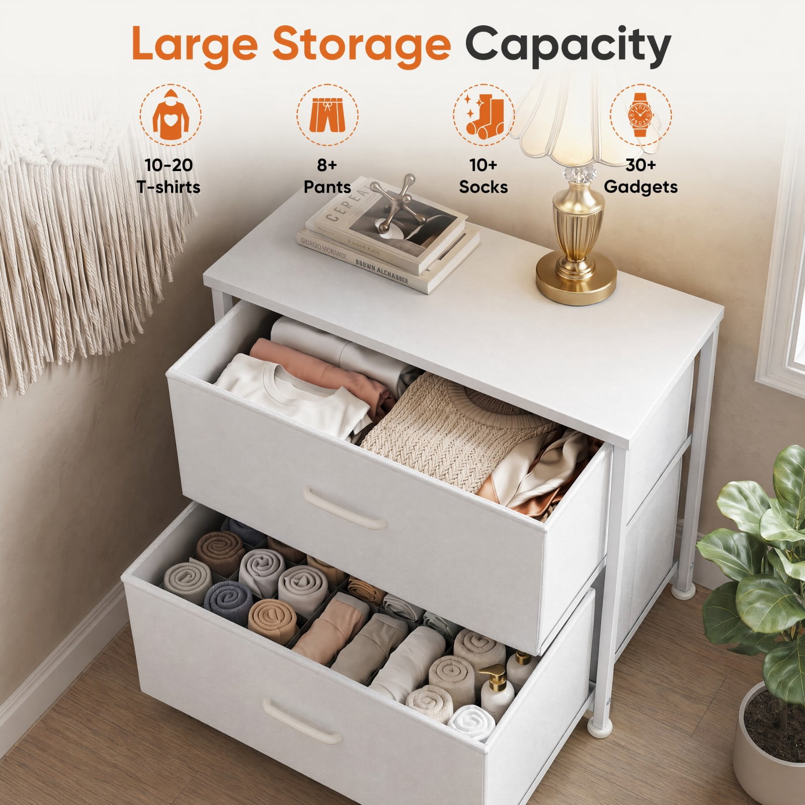 Telyra Fabric Nightstand with 2 Drawers 20" Bedside Table with Wood Top and Steel Frame Small Storage Organizer, White