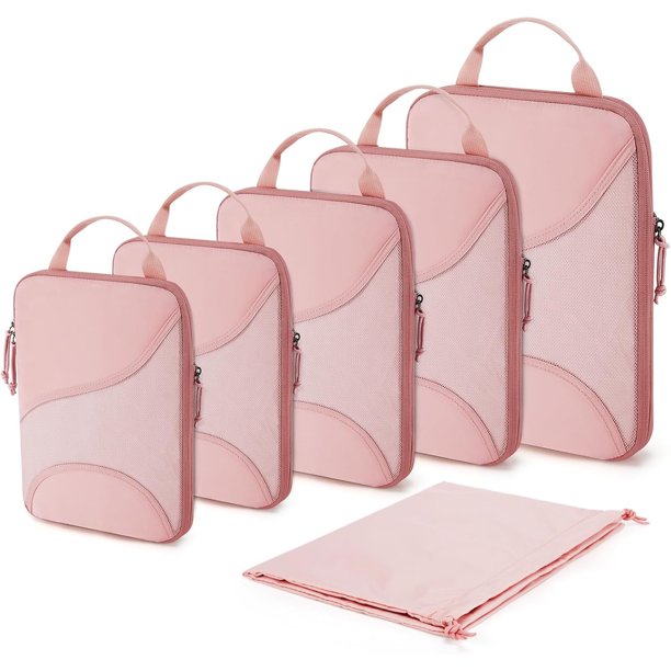 Juego de 6 cubos de embalaje de compresión para maletas, organizadores de maletas de compresión con bolsa de zapatos, 01-Rosa, 6 Set