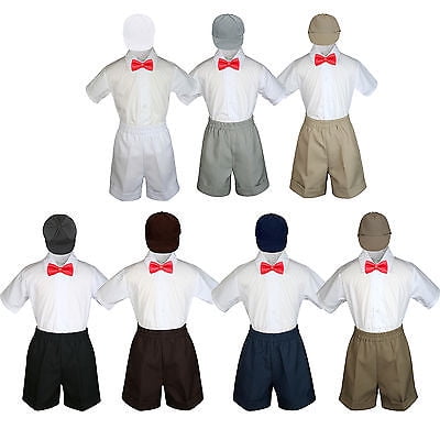 4pc Set Boy Toddler Formal Red Bowtie Vest Navy Brown Black Khaki Shorts S-4T