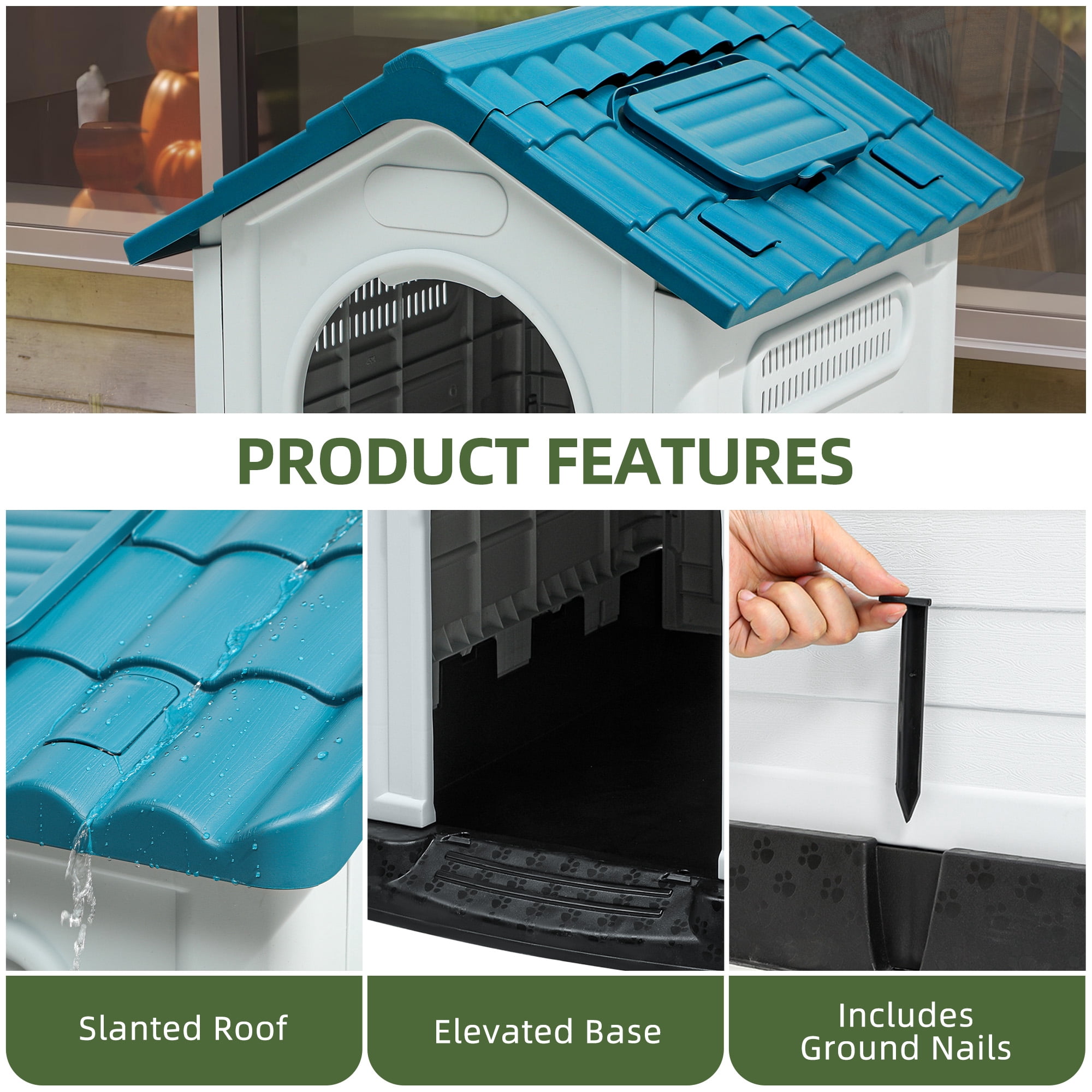 Uforic Foldable Plastic Dog House with Adjustable Skylight and Elevated Floor, Outdoor Indoor Waterproof  Doghouse Puppy Shelter,Blue,26.8''Lx 22.4''Wx 26''H