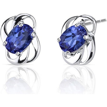 2.00 Carat Created Blue Sapphire Rhodium-Plated Sterling Silver Stud Earrings