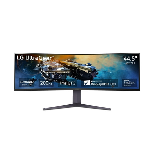 LG 45GR65DC-B Ultragear Monitor curvo para juegos de 45 pulgadas 32:9 QHD 200 Hz 1 ms Pantalla ultra ancha AMD FreeSync Premium Pro VESA DisplayHDR 600 HDMI 2.1 x2 DP UBS x3 Inclinación/altura/Soporte