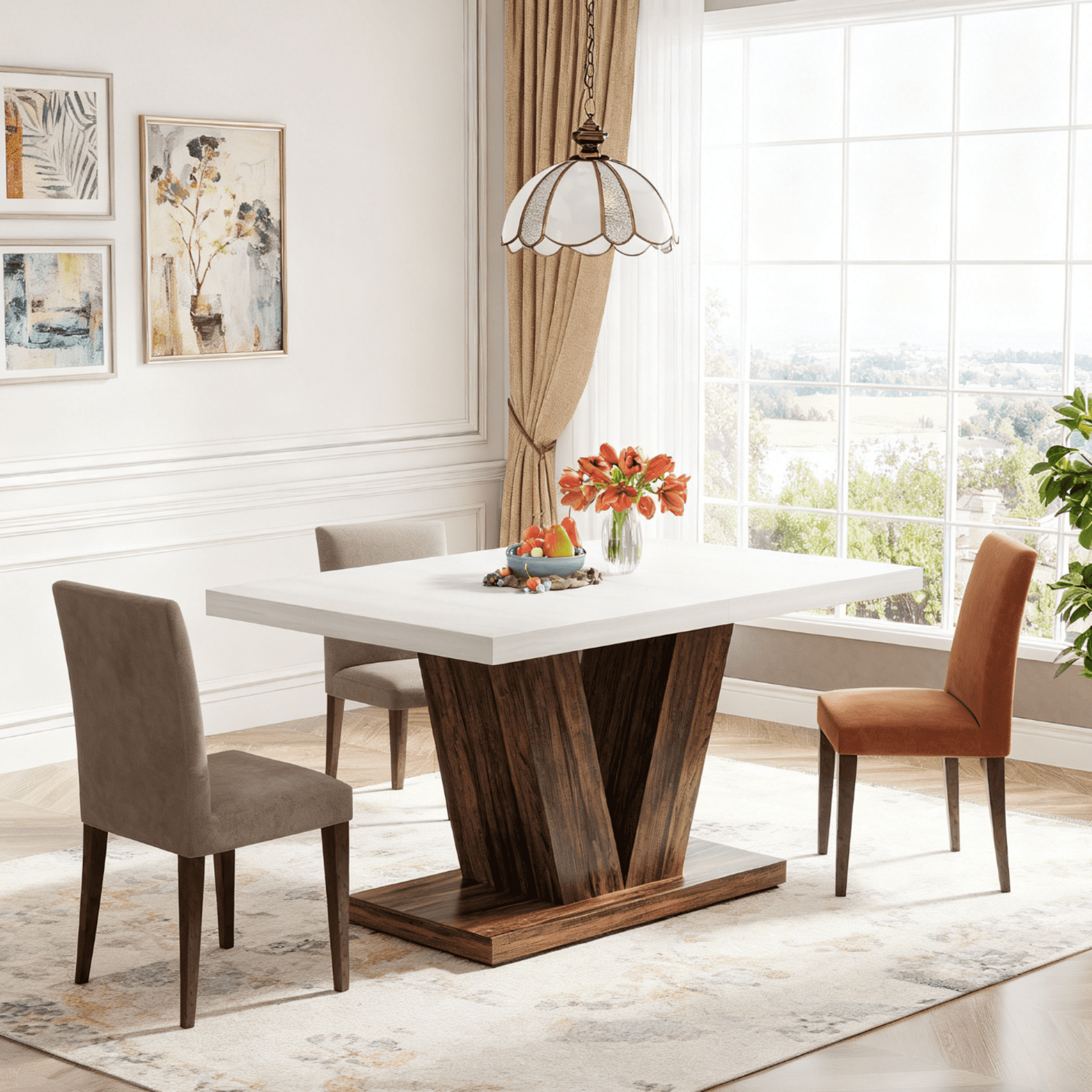 Fnova 47.24" Rectangular Farmhouse Dining Table, Wood Coffee Table for 4 People, Modern Kitchen Table for Dining Room, White Brown (Chairs Not Included)