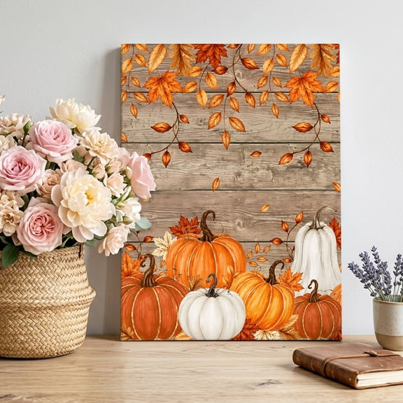 Canvas Wall Art, Burnt Orange Pumpkins Fall Framed Canvas Prints for Living Room Bedroom, Thanksgiving Maple Leaves Vintage Large Gallery Wrapped Wall Decor for Home Office, Gifts, 16"x20"