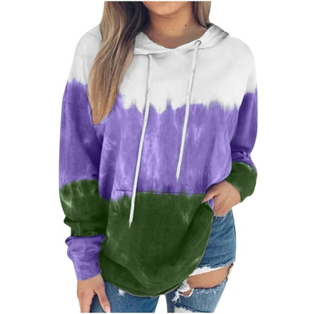 

YFPWM Boho Tops for Women Leisure Tops Corset Top Y2k Tops Nursing Tops Going out Tops Plus Size Tops O-Neck Long Sleeve Print Hooded Tie-dye Blouse Patchwork Tops