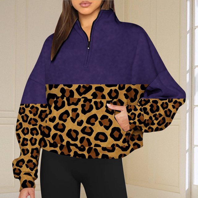 2023 Chandail en Molleton de Mode pour Femmes 50 % de Rabais Liquidation Mode Automne Hiver Imprimé Léopard Décontracté Sports Col Rond Survêtements Manches Longues Col à Revers Chandails à Capuchon à Fermeture Éclair