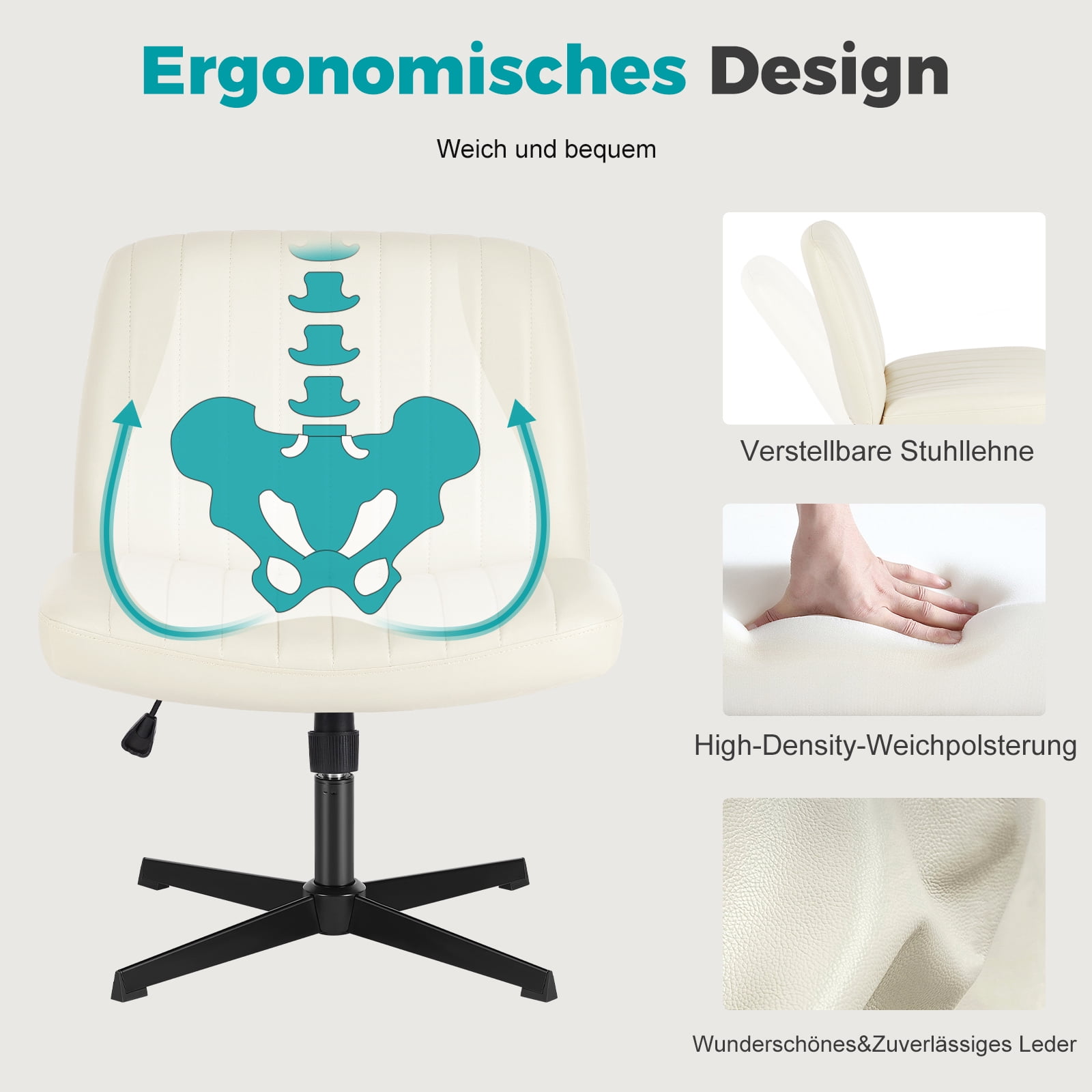 Armless Criss Cross Legged Office Chair, Desk Chair No Wheels, PU Leather, Beige