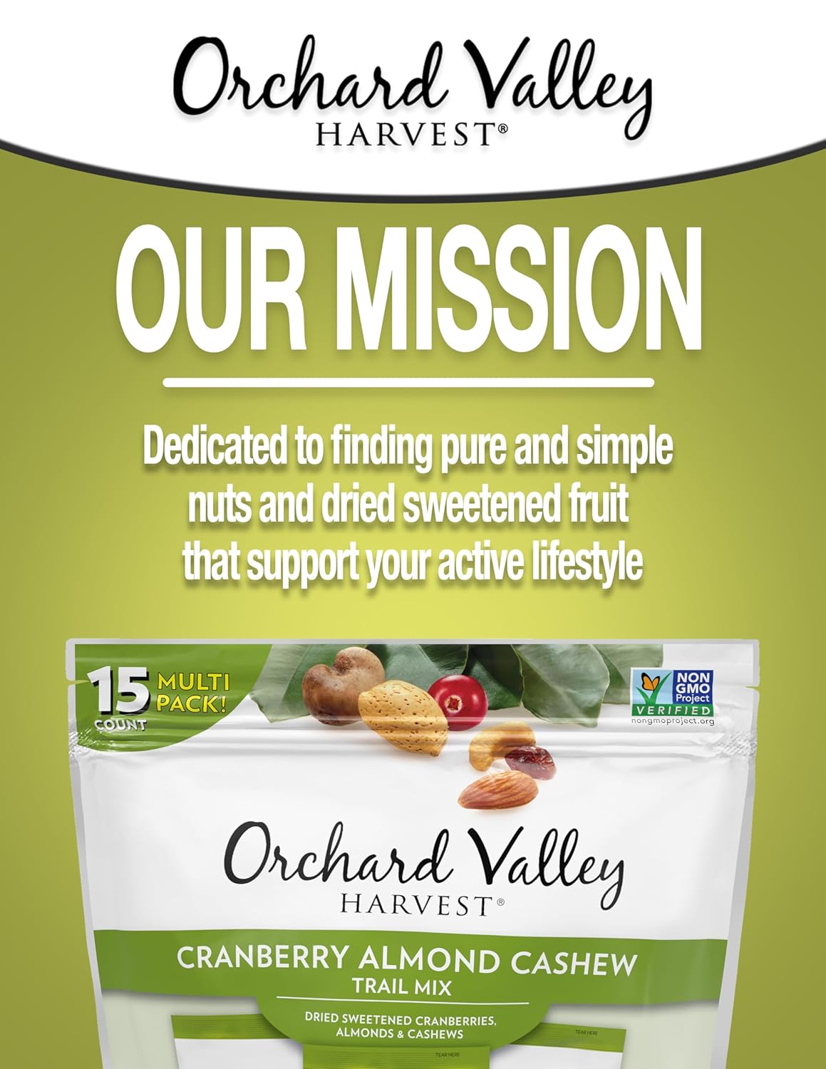 Orchard Valley Harvest Cranberry Almond Cashew Trail Mix, 1 Ounce Bags (Pack of 15), Cranberries, Almonds, and Cashews, Non-GMO, No Artificial Ingredients