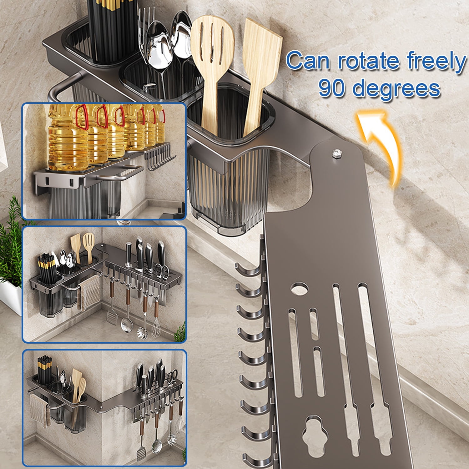 BTideas Wall Mounted Knife Holder,Rotate 90° Knife Organizer with 10 Hooks,Kitchen Utensil Organizer