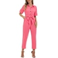 thumbnail image 2 of INSPIRE CHIC Women's Jumpsuit Short Sleeve Collared Button Down Tie Waist Cotton Cargo Jumpsuit XL Watermelon Red, 2 of 5
