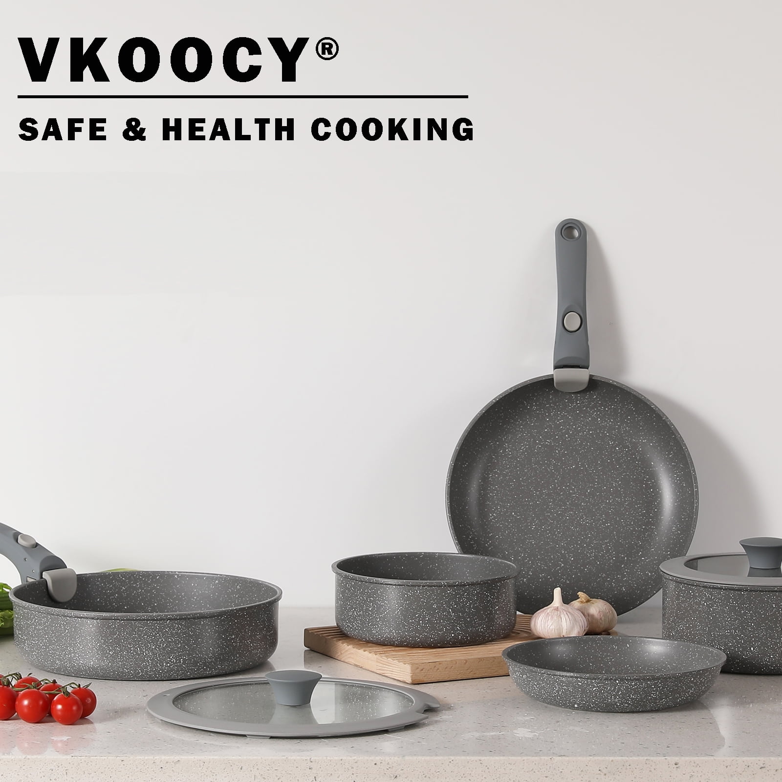 Vkoocy 9 Piece Nonstick Ceramic Cookware Set Pots and Pans Set with Removable Handle Detachable Handle Grey