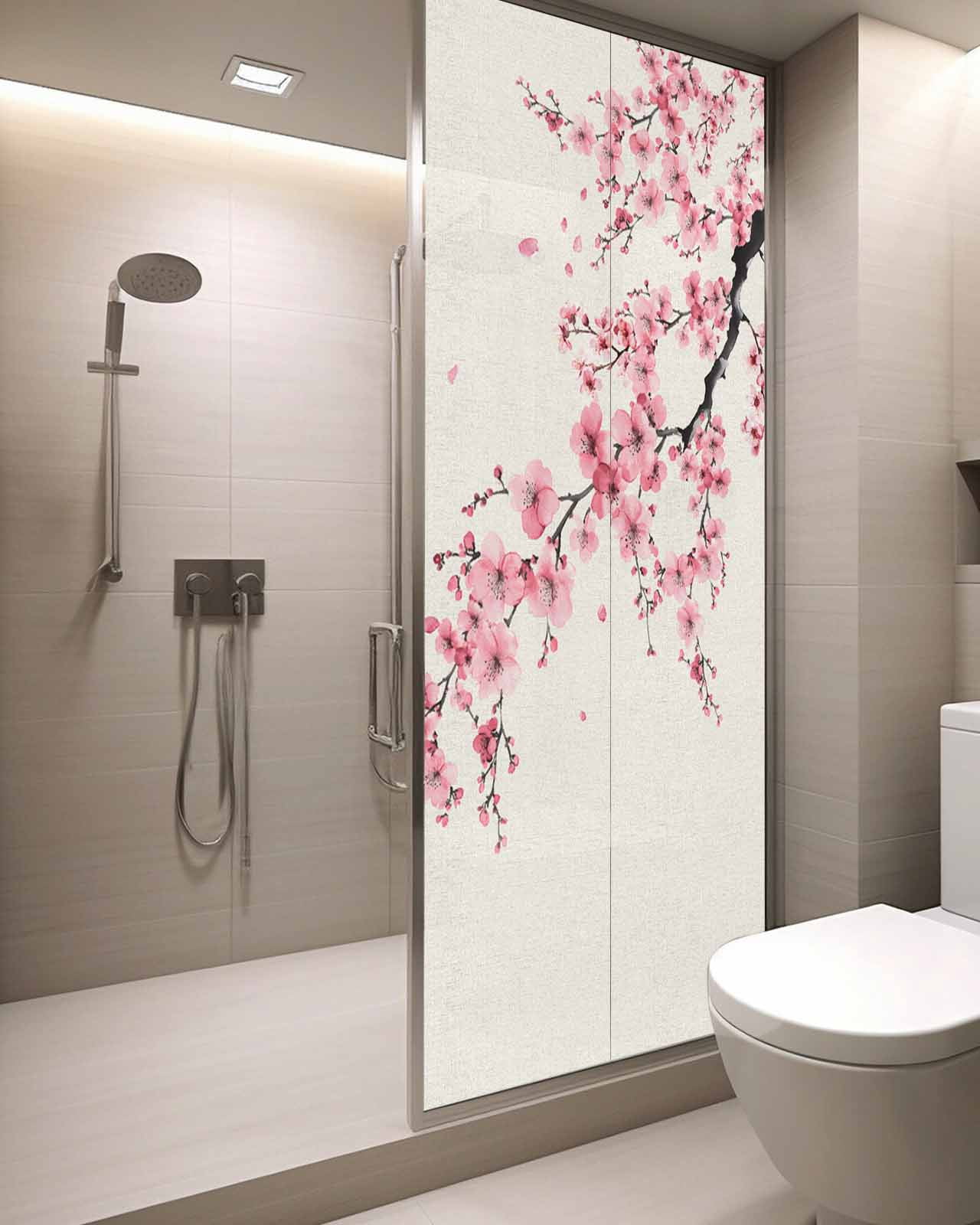 Window Privacy Film Cherry Blossoms Stained Glass Window Film Decorative Sun Block Window Cover Pink Flower Floral Spring Nature Country Window Clings Static Adhesive Sticker for Bathroom 29.5"x78.7"