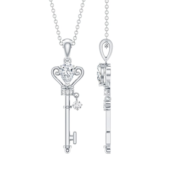 Rosec Jewels Lab Created Diamond Key Pendant with Chain (5X7 mm Pear Diamond - EF-VS Quality) - Ready to Gift, 925 Sterling Silver