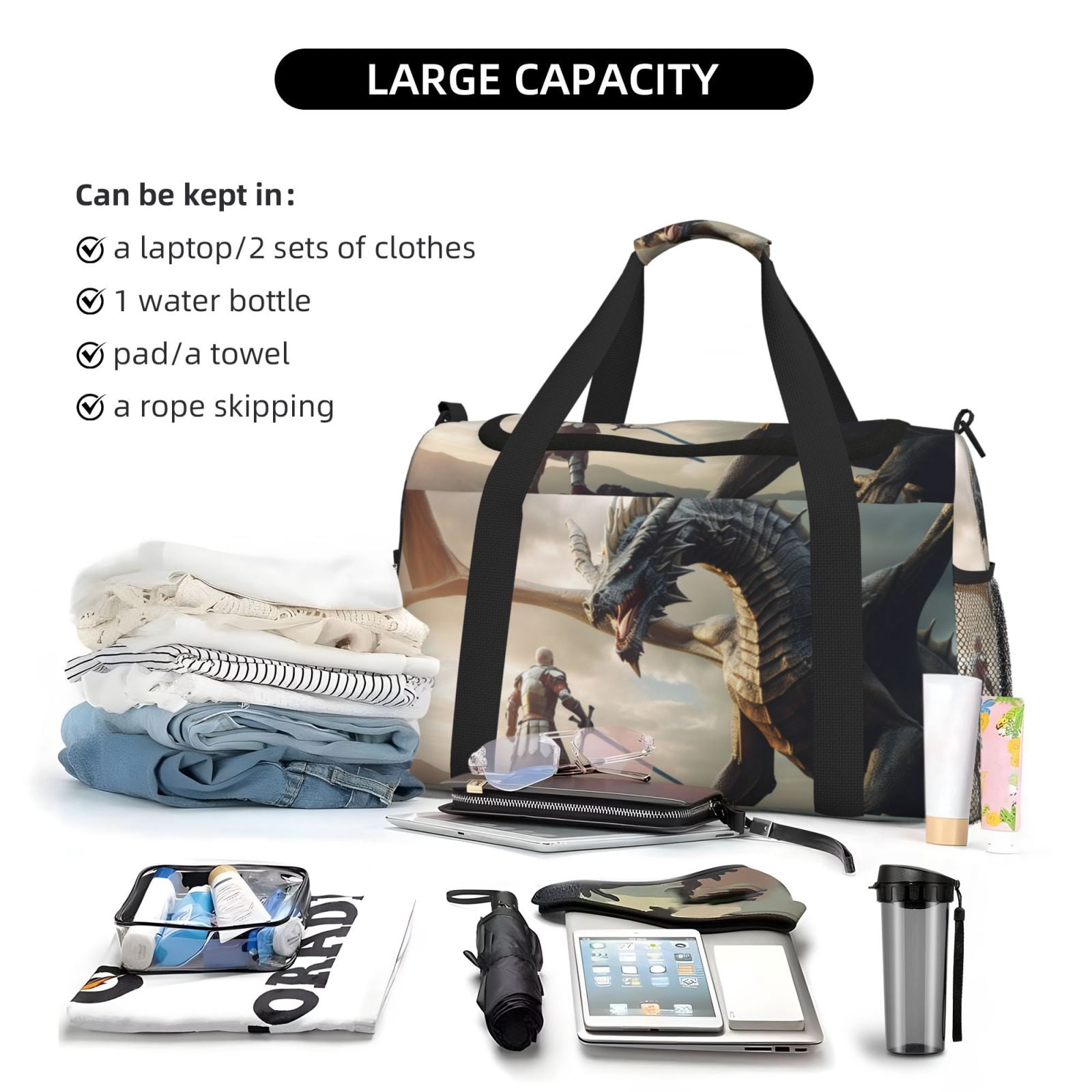 Fuzoiu Swordsman Cool Dragon Print Travel Duffle Bag,Carry On Tote Bags,Duffel Bag,Sport Gym Bag, Hospital Bag for Labor and Delivery, Overnight Bag,Luggage Bag