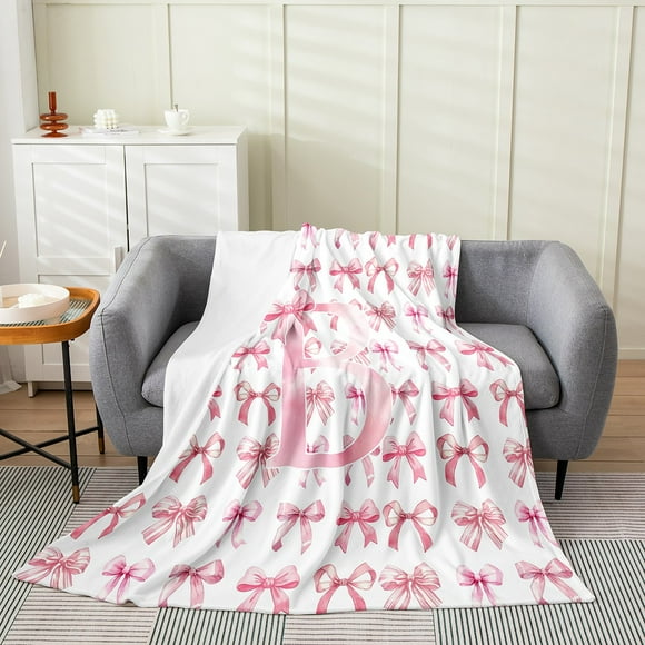 Erosebridal Personalized Initial Sherpa Blanket 50x60,Pink Bow Fuzzy Blanket Throw,Bowknot Letter Throw Blanket for Couch,Ultra Soft Cartoon Bedroom Decoration
