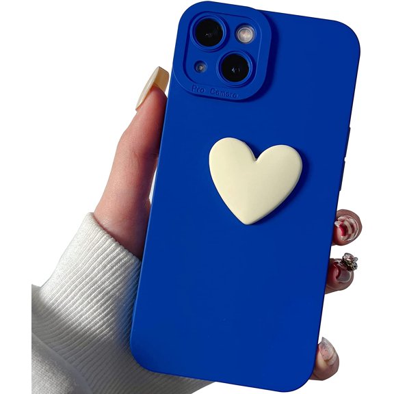 Cute 3D Love Heart Phone Case for iPhone 14 Plus 6.7 inch with Anti-Fall Lens Cameras Cover Protection Slim Dustproof Protective Cover Aesthetic Design for Women Girls, Blue