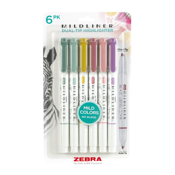 Zebra Pen Mildliner Dual-Tip Highlighter Assorted, Bold Chisel and Fine Bullet Tips, 6 Count