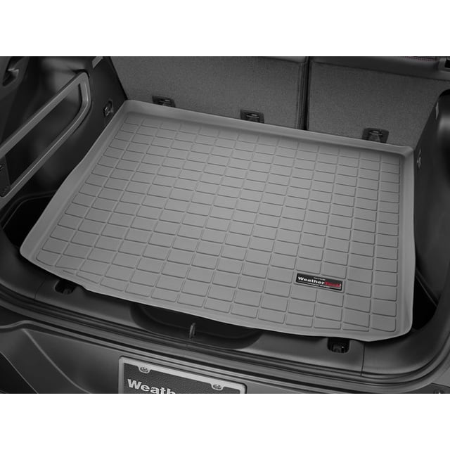 Fits 2014-2019 Jeep Cherokee Weathertech Cargo Area Liner 42656 Direct Fit; Raised Edges; Gray; Thermoplastic Elastomer TPE Injection Molded Material; Non-Skid; To Back Of 2nd Row