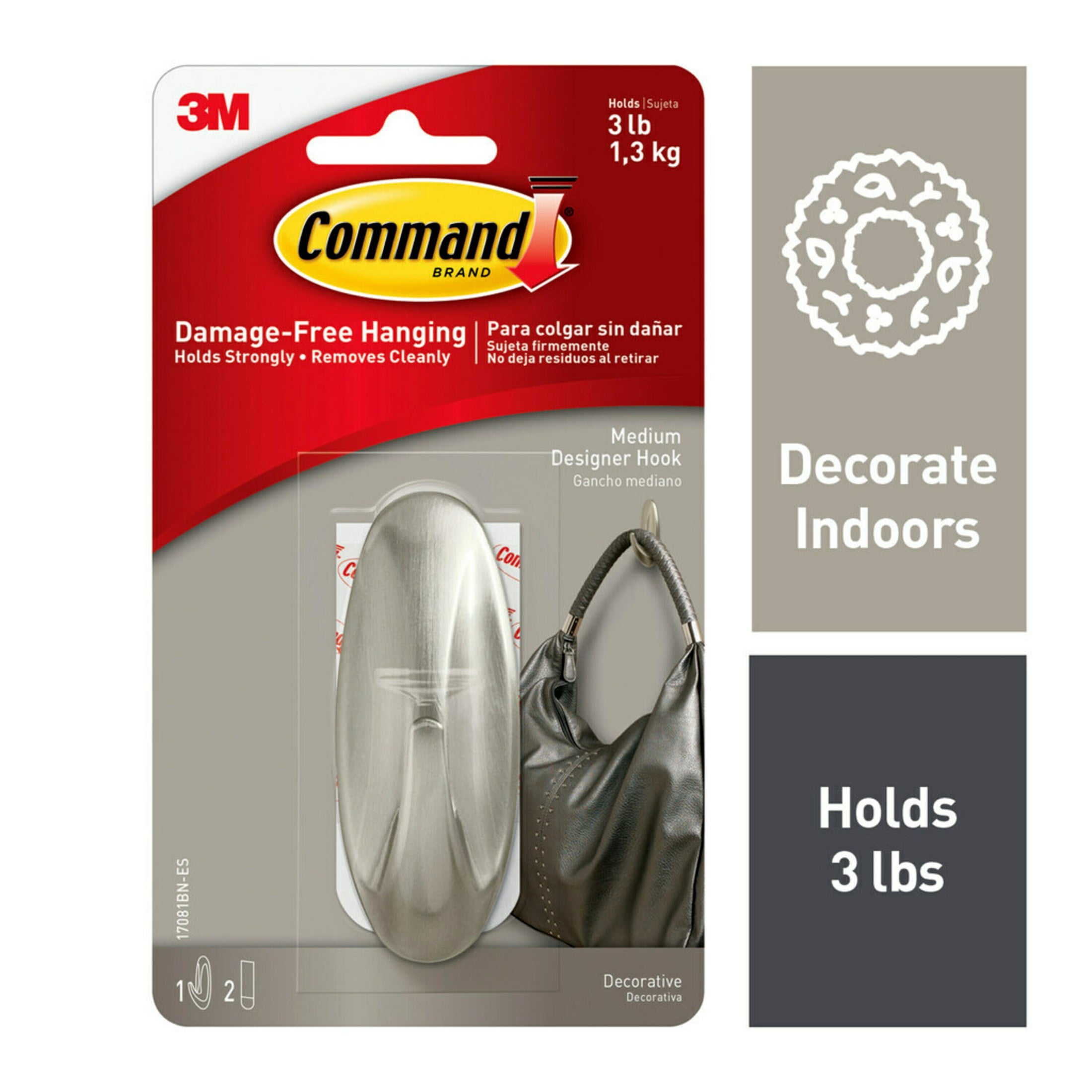 Command designer hooks, brushed nickel, medium, 1 hook, 2 strips/pack, 4 pack