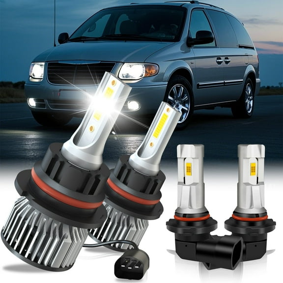 For Chrysler Town & Country 2001 2002 2003 2004 LED Headlights Bulbs High Low Fog Light 9007 H10 4Pcs Combo 12000LM Kits Bulbs 6000K Cool White Halogen Replacement 50000 Hours Lifespan