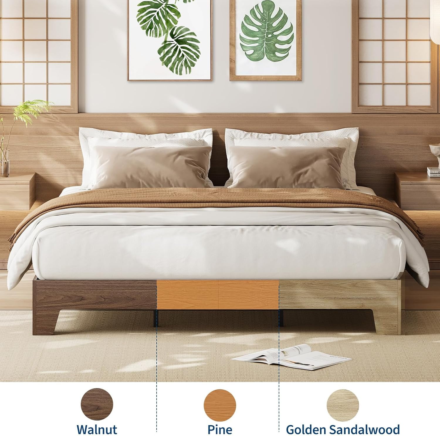 Full Bed Frame, Wooden Platform Bed Frame, Minimalist Bed with Wood Slats Support, Underbed Space for Storage, No Box Spring Required, Noise-Free, Easy Assembly