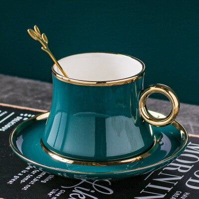 

Nordic minimalist gold edging tempered porcelain 3 pcs cup saucer spoon color box packaging ZY9001