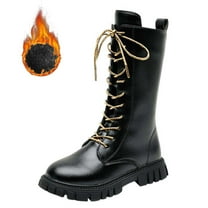 Huowey Girls High Boots Fashionable Low Heel Lace Up Side Zipper Classic Dress Shoes Fuzzy Lined Comfortable Non Slip Sole Motorcycle Boot Teens Winter Warm Combat Footwear,Black,8-9 Years