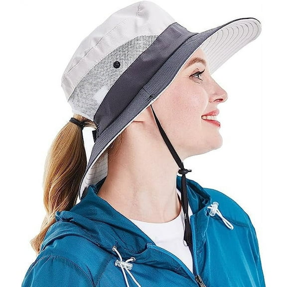 Sun Hat for Women UV Protection Bucket Fishing Hat with Ponytail-Hole, Foldable Outdoor Sun Hats Mesh Wide Brim Beach Hat