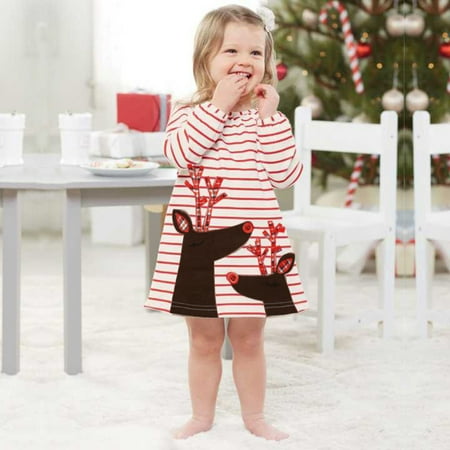 

Gotyou Girl s Toddler Christmas Princess Dress Long Sleeve Striped Cartoon Dress A-line Skirt Elastic Outfits Dresses