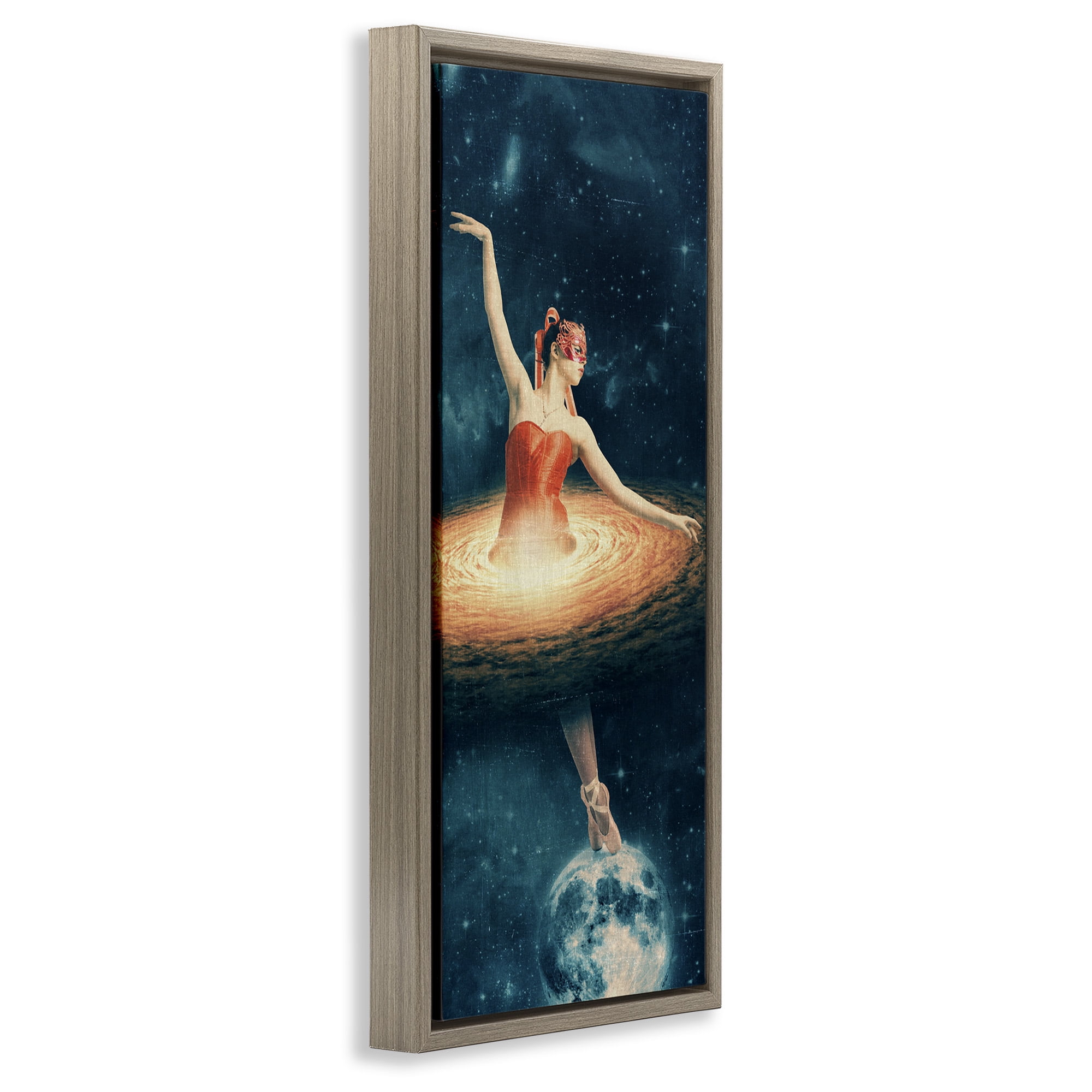 Stupell Industries Dancing Ballerina Surreal Nebula Dress Abstract Painting Brown Floater Framed Canvas Art Print Wall Art, 11 x 25