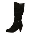 thumbnail image 2 of Miluxas Women's Mid-Calf Boots,Slouchy High Heel Buckled Western Boots Wide Calf Suede Slip on Knee High Riding Boots Black 8.5(41), 2 of 4